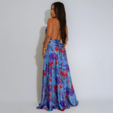 V Neck Print Backless Satin Maxi Dress YF-20163