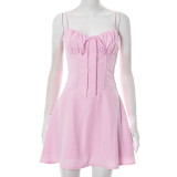 Solid Color Tie Up Pleated Mini Dress GDSF-D25DS093