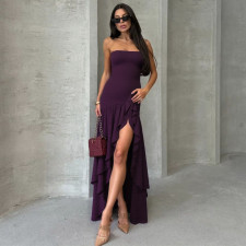 Solid Color Off Shoudler Ruffles Tube Top Maxi Dress GLAG-D5418830F