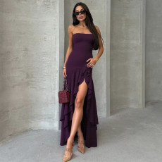 Solid Color Off Shoudler Ruffles Tube Top Maxi Dress GLAG-D5418830F
