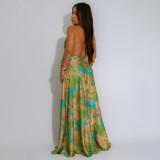 V Neck Print Backless Satin Maxi Dress YF-20163