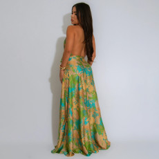 V Neck Print Backless Satin Maxi Dress YF-20163