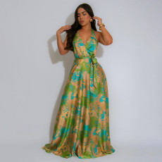 V Neck Print Backless Satin Maxi Dress YF-20163