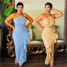 Solid Color Ruffles Tie Up Two Piece Skirts Set CYA-901807