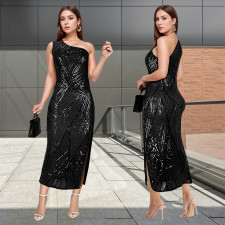 Slash Shoulder Sequin Slim Midi Dress BY-7339
