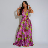 V Neck Print Backless Satin Maxi Dress YF-20163