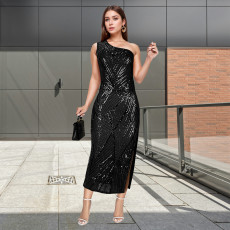 Slash Shoulder Sequin Slim Midi Dress BY-7339