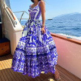 Plus Size Printed Square Neck Halter Pleated Maxi Dress GMAN-25058