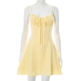 Solid Color Tie Up Pleated Mini Dress GDSF-D25DS093