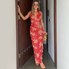 Deep V Neck Patchwork Sleeveless Maxi Dress GLAG-D4C18182G