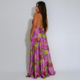 V Neck Print Backless Satin Maxi Dress YF-20163