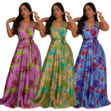 V Neck Print Backless Satin Maxi Dress YF-20163