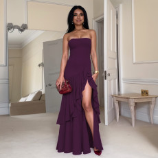 Solid Color Off Shoudler Ruffles Tube Top Maxi Dress GLAG-D5418830F