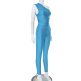 Solid Color Slash Shoulder Tops Tight Pants Suit GDSF-D25ST141