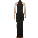 Solid Color Backless Pleated Split Maxi Dress GYME-K25D67246