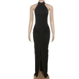 Solid Color Backless Pleated Split Maxi Dress GYME-K25D67246