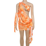 Sexy Slash Shoulder Print Hollow Out Mini Dress GYME-K24D64563