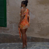 Sexy Slash Shoulder Print Hollow Out Mini Dress GYME-K24D64563