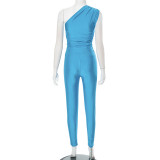 Solid Color Slash Shoulder Tops Tight Pants Suit GDSF-D25ST141