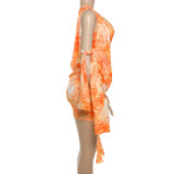 Sexy Slash Shoulder Print Hollow Out Mini Dress GYME-K24D64563