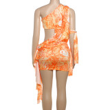 Sexy Slash Shoulder Print Hollow Out Mini Dress GYME-K24D64563