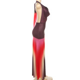 Contrast Color Print Backless Maxi Dress GYME-K25D66166