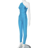 Solid Color Slash Shoulder Tops Tight Pants Suit GDSF-D25ST141