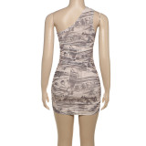 Slash Shoudler Ruched Print Dress GYME-K24D61972