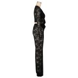 Lace Flocking See Through Two Piece Pants Set AIL-311