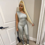 Solid Color Slash Shoulder Tops Tight Pants Suit GDSF-D25ST141