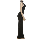 Solid Color Backless Pleated Split Maxi Dress GYME-K25D67246