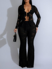 Lace Flocking See Through Two Piece Pants Set AIL-311