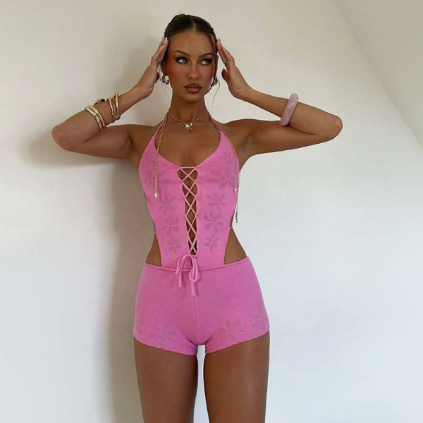 Hollow Out Solid Color Backless Romper GYME-W25Q67401