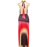 Contrast Color Print Backless Maxi Dress GYME-K25D66166