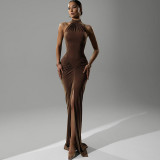 Solid Color Backless Pleated Split Maxi Dress GYME-K25D67246