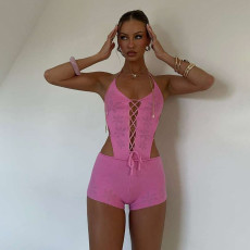 Hollow Out Solid Color Backless Romper GYME-W25Q67401