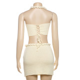Neck Tie Beaded Camisole Vest Knit Skirt Set GYME-W24S64065