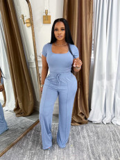 Solid Color Square Neck Top And Wide Leg Pants Suit SFY-730