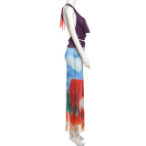 Sexy Mesh Print Backless Vest Two Piece Skirts Set GYME-K25S67644