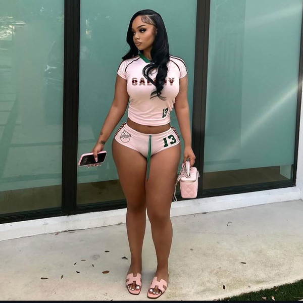 Letter Print Short Sleeve Two Piece Shorts Set GYME-K25S67098