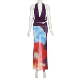 Sexy Mesh Print Backless Vest Two Piece Skirts Set GYME-K25S67644