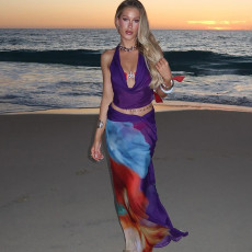 Sexy Mesh Print Backless Vest Two Piece Skirts Set GYME-K25S67644