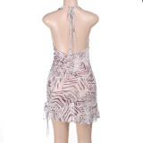 Vintage V-Neck Backless Printed Halterneck Mini Dress FL-YJ25189MHO