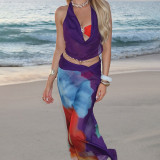 Sexy Mesh Print Backless Vest Two Piece Skirts Set GYME-K25S67644