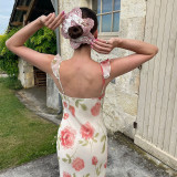 V Neck Print Sling Midi Dress FL-YL25141PFO