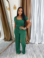 Solid Color Square Neck Top And Wide Leg Pants Suit SFY-730