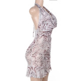 Vintage V-Neck Backless Printed Halterneck Mini Dress FL-YJ25189MHO