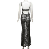 Mesh See Through V Neck Backless Maxi Dress GYME-K25D63143