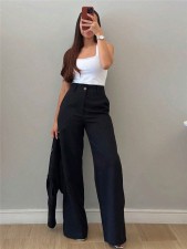 V Neck Sleeveless Blazer Buttons Wide Leg Pants Suit SH-391364
