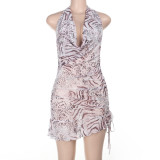 Vintage V-Neck Backless Printed Halterneck Mini Dress FL-YJ25189MHO